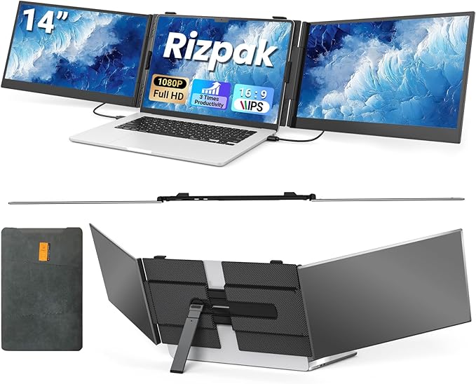 14" Triple Laptop Screen Extender, FHD 1080P IPS Ultra-Thin Portable Monitor, 2.2lbs Plug & Play USB-C/HDMI Travel Monitor for 13”-17” Laptops, Compatible with Windows, Mac, Android, Chrome