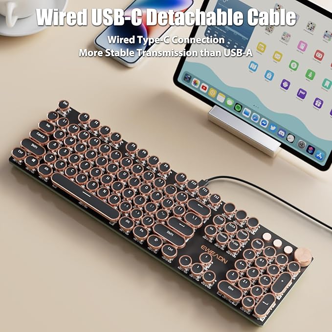 Typewriter Style Mechanical Gaming Keyboard White LED Backlit 104-Key NKRO White Switches Retro Round Keycaps Golden Ring Volume Knob Metal Panel Wired USB-C Detachable Cable, Black