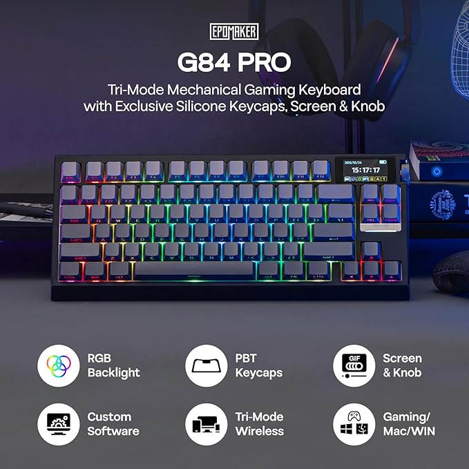 EPOMAKER G84 PRO Wireless Mechanical Keyboard, 75% Gaming Keyboard with 8000mAh Battery, PBT Keycaps, 81 Keys, Hot Swap, Custom Driver, RGB Backlight, Gasket-Mount (Black, Creamy Jade Switch)