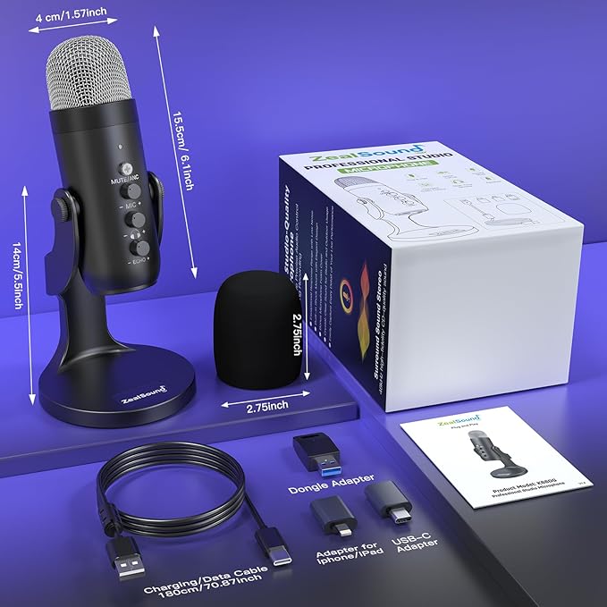 ZealSound Wireless Microphone,USB Mic for iPhone PC iPad Android Phone-Cordless Condenser Desktop Microphones with Mute Echo Monitor Volume Gain 2.4GHz for Podcast,ASMR,Gaming,YouTube Video/K66 Black