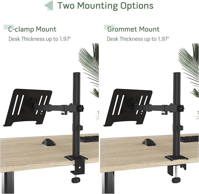 UPGRAVITY Laptop Desk Mount, Single Laptop Stand Arm with Vented Tray for 17 inch Notebook or 14”-32” Monitor, Holds up to 17.6 lbs, Fully Adjustable, Clamp/Grommet Mounting, VESA 75/100mm