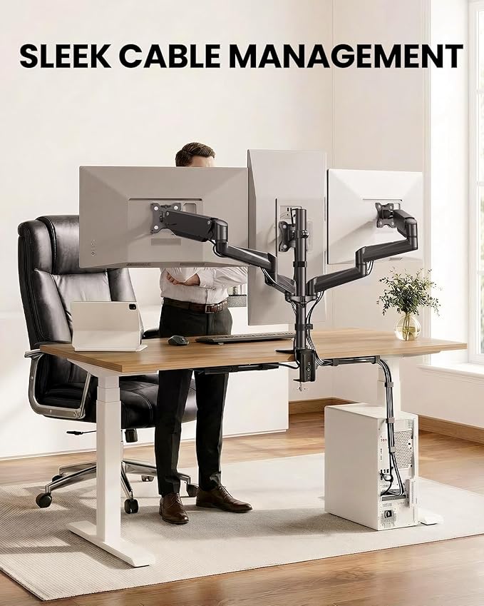 ErGear Triple Monitor Mount, Fully Adjustable Gaming 3 Monitor Desk Mount for 17 to 32 inch Computer Screens, Swivel, Tilt, Rotation, C-Clamp & Grommet Base