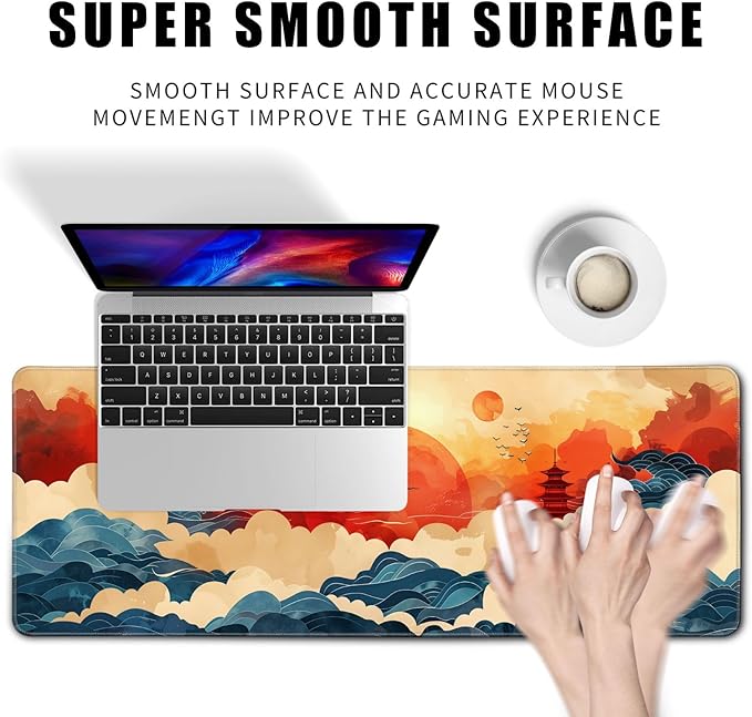 Desk Mat Red and Gold Blue Wave Decor Large Keyboard Sun Mouse Pad for Laptop Pc Setup Desk Cover Protector Desk Décor for Office Home Work Gaming 31.5" X 11.8" Stitched Edge Non-Slip Design