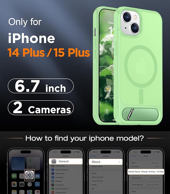 Magnetic Compatible with iPhone 15 Plus Case & iPhone 14 Plus Case, [Built-in Invisible Kickstand][Compatible with MagSafe][Military Grade Shockproof] Slim Translucent Matte Phone Case 6.7"