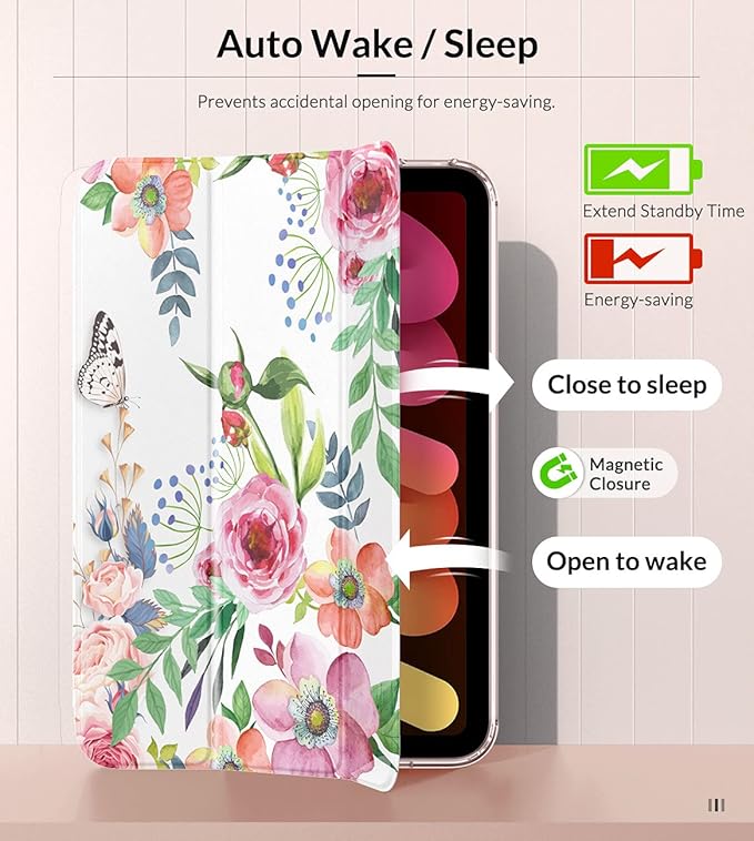 MoKo Case Fit New iPad mini 7 (A17 Pro) 2024, iPad mini 6th Generation Case 2021 (8.3-inch), iPad mini 6 Case, Soft TPU Translucent Frosted Back Cover Case for iPad mini 7th, Fragrant Flowers