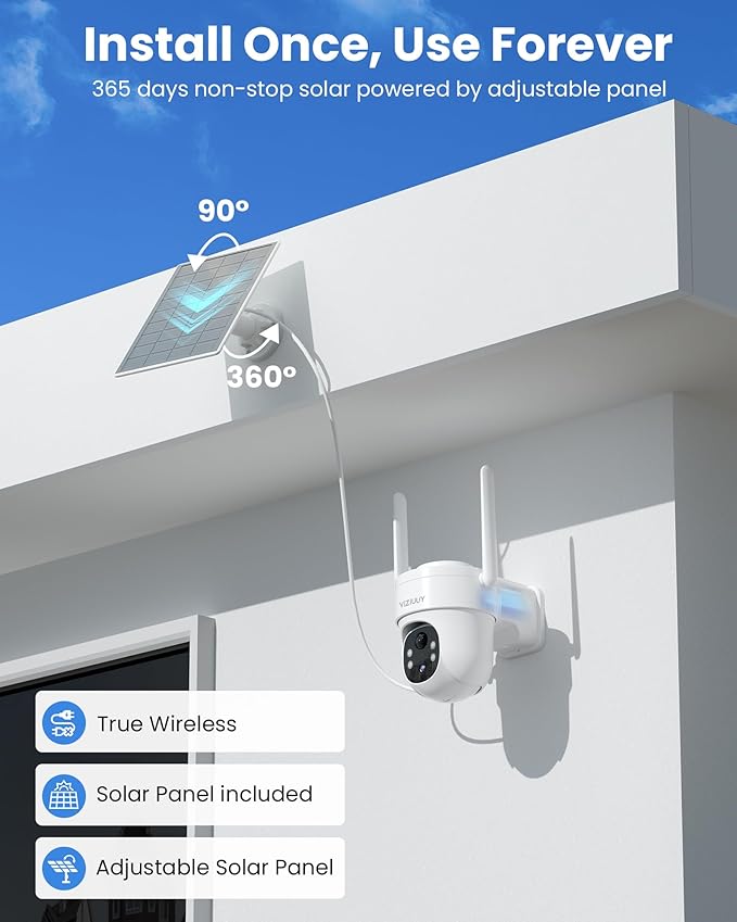 VIZIUUY Solar Security Cameras Wireless Outdoor, 3MP Pan/Tilt 360°View Solar/Battery Powered WiFi Camera with Color Night Vision/PIR Sensor/2-Way Audio/Alexa(3 Pack)