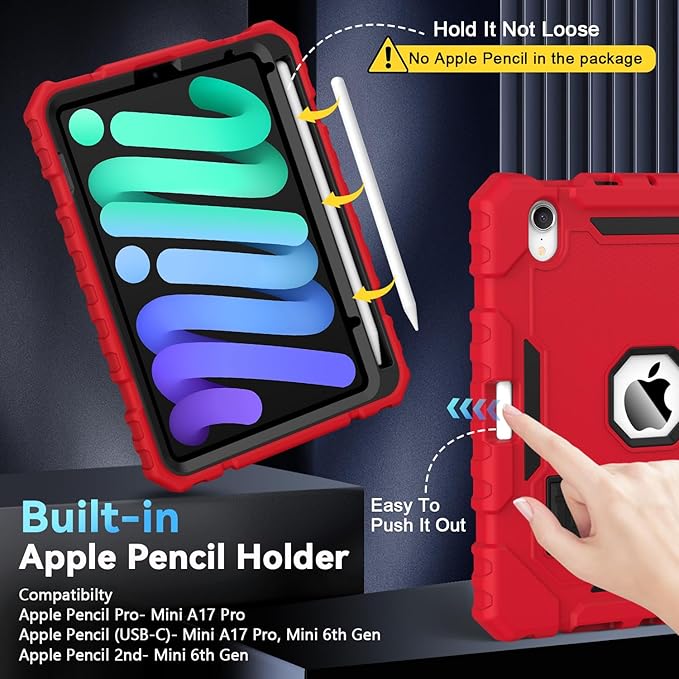 Grifobes Case for iPad mini 7 (A17 Pro) 2024 / Mini 6 2021 8.3 inch, Heavy Duty Shockproof Rugged Cover with Pencil Holder Stand, for I Pad Mini 7th/6th Gen 8.3" Case (Red+Black)