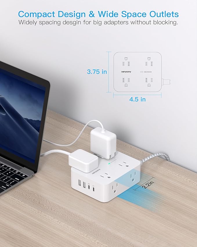PD 30W USB C Power Strip Surge Protecor, HANYCONY 8 Outlets 4 USB(2 USB C Ports), 1080J Desk Charging Station for Multiple Devices, 6 Ft Flat Plug Extension Cord for College Dorm Room Essentials
