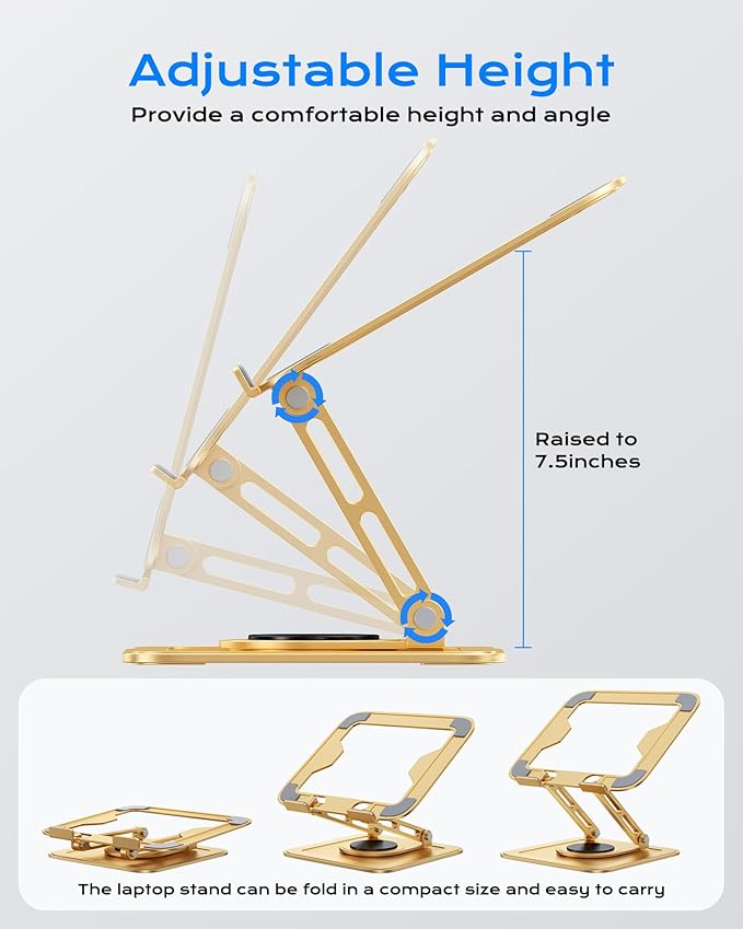 LOXP Adjustable Laptop Stand, Computer Stand with 360 Rotating Base, Ergonomic Laptop Riser Mount for Desk Foldable Protable Computer Desk Fits with MacBook Pro Air (10-16") - Gold