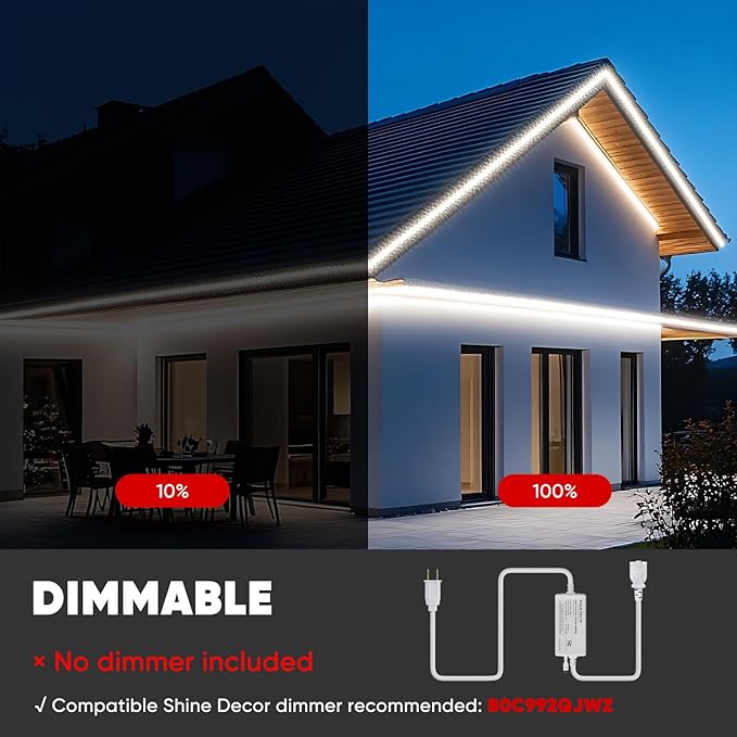Shine Decor LED Strip Light 150FT 120VAC, Super Bright 19012 Lumens Dimmable, IP65 Waterproof for Outdoor Indoor, 6500K Cool White Every 1.6ft Cuttable Lighting Rope 6x10mm, ETL Listed 45M