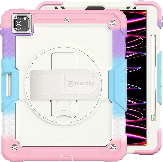Timecity for iPad Pro 12.9 Case 6th/5th/4th/3rd Gen, 360° Rotating Stand, Pencil Holder & Wireless Charging, Shockproof with Screen Protector & Shoulder Strap - for Designers & Professionals-Pink Camo