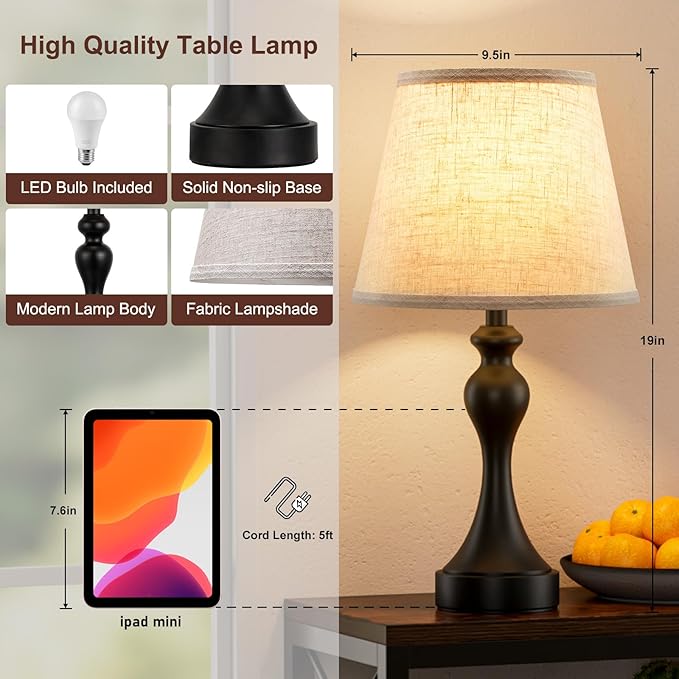Seealle Touch Lamps for Nightstand - Bedside Lamps Set of 2, 3 Way Dimmable, USB C+A for Bedroom & End Tables (Beige&Black)