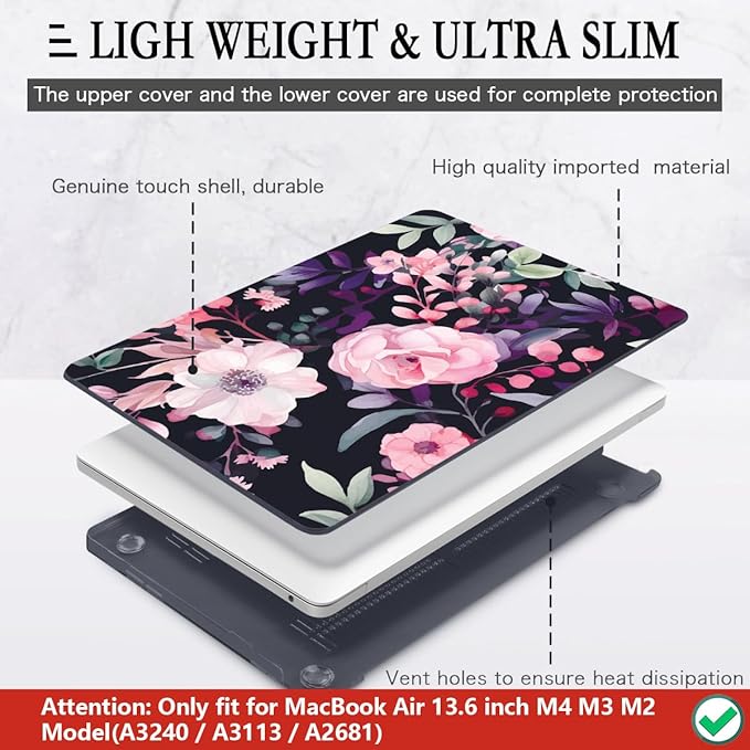CISSOOK Compatible with MacBook Air 13.6 inch Case 2026 2025 2024 2022 Release A3449 A3240 A3113 A2681, Flower Plastic Hard Shell Case Black Cover for MacBook Air 13 inch M2 M3 M4 M5 - Pink Flowers