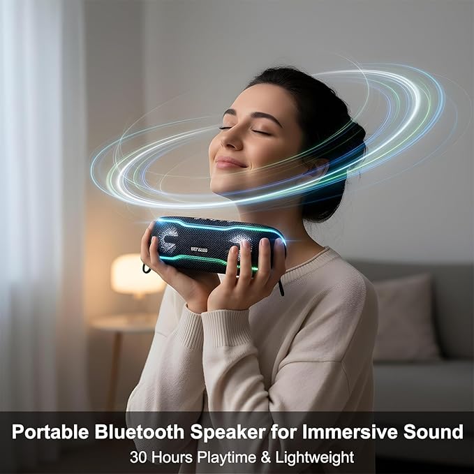 Bluetooth Shower Speaker, IPX7 Waterproof Wireless Speaker with 24H Playtime, Beat Pads, RGB Lights, TWS Pairing, Durable Design, Perfect for Travel, Beach, and Gifts - Black