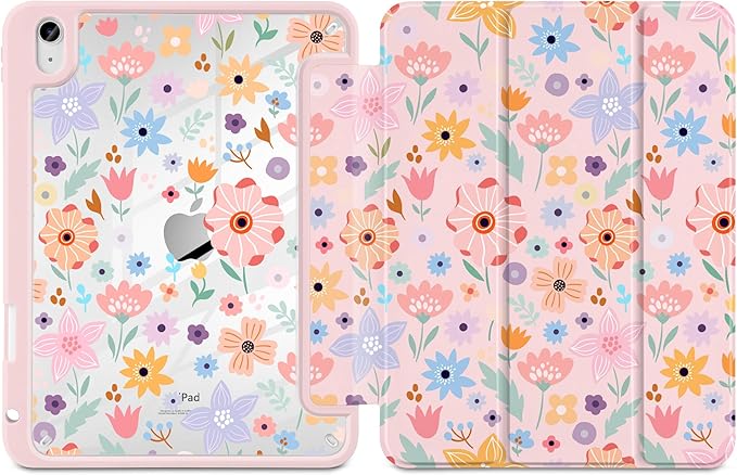 Case for iPad Air 11 inch M4 2026 M3 2025 M2 2024 Release with Pencil Holder Cute Patterns Trifold Cover with Clear Back Shell Magnetic Wake Sleep Design for Girls Women,Pink Flowers