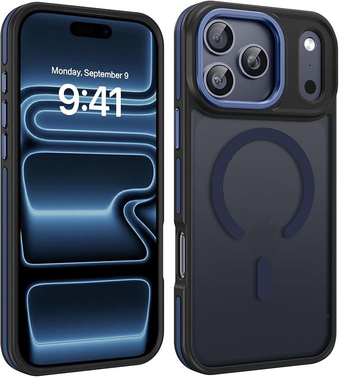 YINLAI Case for iPhone 17 Pro Max, Magnetic Case Compatible with Magsafe Supports Wireless Charging Slim Translucent Matte Shockproof Protective Back Phone Cover 6.9 Inch, Black/Blue