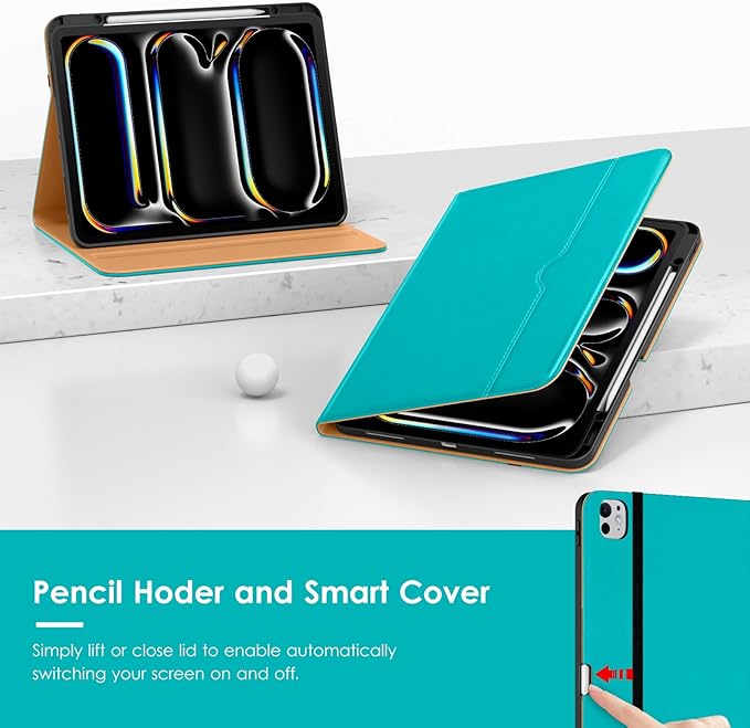 VIKESI Case for iPad Pro 13 (M4) 2024, Leather Stand Cover with Apple Pencil Holder, Auto Wake/Sleep, Multiple Viewing Angles, Built in Hand Strap & Pocket, Cyan Blue