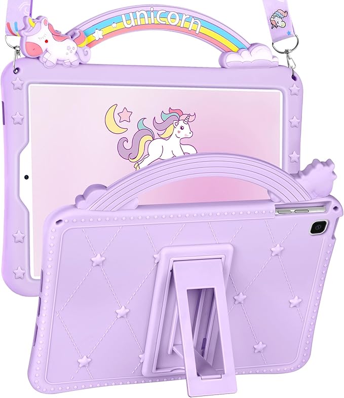 Wazzasoft for Samsung Galaxy Tab A7 Lite Case 8.7 Inch Girls Cute Girly Cartoon Kawaii Pretty Purple Design Cover with Stand & Strap Unique Women Silicone Funda for Samsung Table A7 Lite Cases 2021