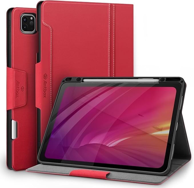 Antbox Case for iPad Pro 12.9'' 6th Generation (2022) 5th/4th/3rd Generation (2021/2020/2018), Built-in Pencil Holder Auto Sleep/Wake Function PU Leather Smart Cover (Red)
