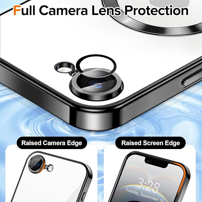 Hython Magnetic Clear for iPhone 16e Case with Camera Lens Protector [Compatible with MagSafe] Luxury Plating Edge Slim Soft TPU Cover Protective Phone Case for iPhone 16e 6.1", Black