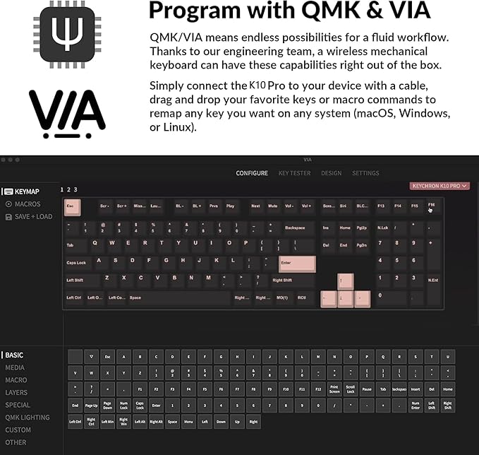 Keychron K10 Pro QMK/VIA Custom Wireless Mechanical Keyboard, Hot-Swappable Full Size 108 Keys Programmable White LED Backlit Brown Switch, Bluetooth/USB-C Wired Gaming Keyboard for Mac Windows Linux