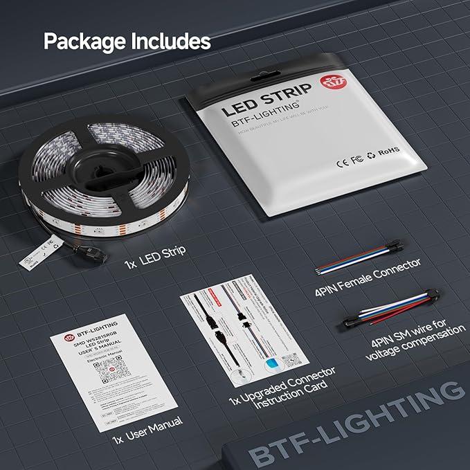 BTF-LIGHTING WS2815 (Upgraded WS2812B) LED Strip Light,UL Listed,16.4FT 150 LED/Pixels,Flexible Chasing RGB,Dual Signal Individually Addressable,5050SMD,3M Tape,DC12V IP30(No Adapter or Controller)