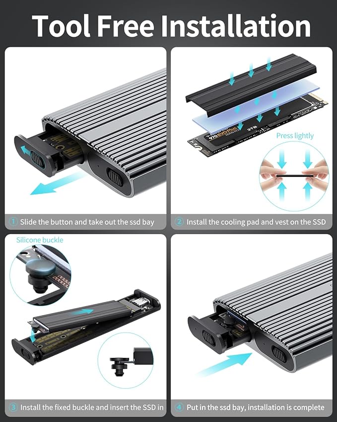 PHIXERO Dual M.2 NVMe SSD Enclosure, Tool-Free M.2 Enclosure, USB 3.2 Gen 2 [10Gbps], Aluminum SSD Enclosure for M.2 PCIe NVMe M Key/B+M Key 2280/2260/2242/2230 SSD. Support UASP Trim, Thunderbolt 3