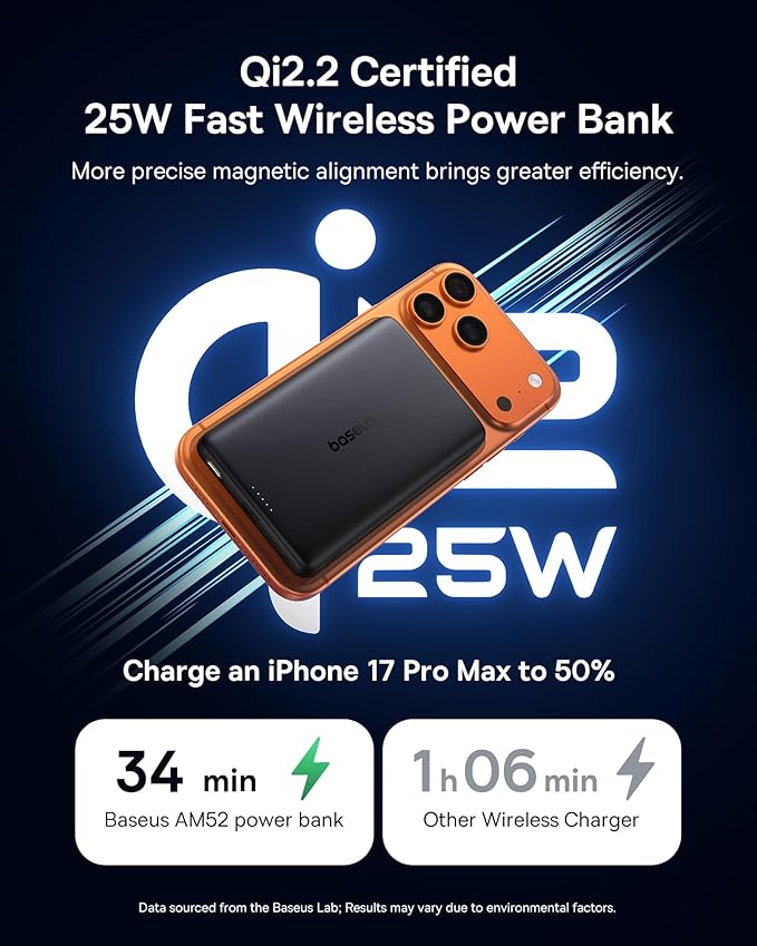 Baseus Picogo AM52 MagSafe Power Bank, Qi2.2 25W 10,000mAh Magnetic Portable Charger, 0.6" Slim 45W USB-C Fast Charging Alloy Wireless Battery Pack, Travel Essential for iPhone 17/16/15/14/13/12 Only