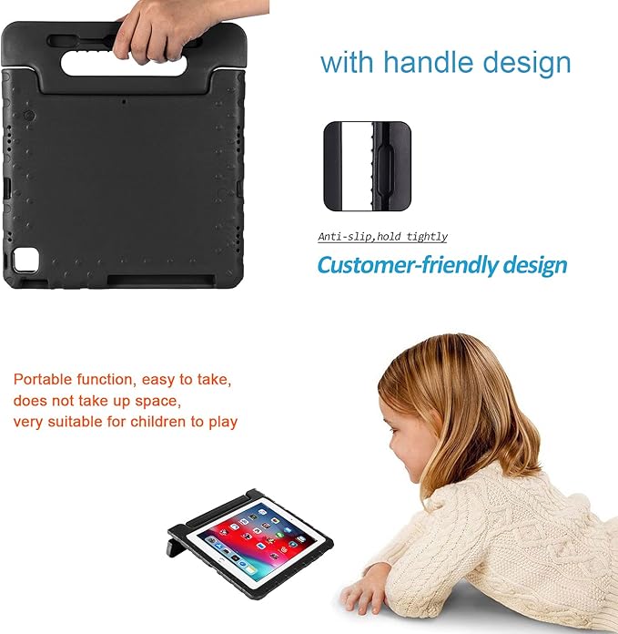 Kids Case for iPad Pro 12.9 inch 6th/5th/4th/3rd Generation 2022/2021/2020/2018 with Pencil Holder,Anti-Slip Handle Stand Lightweight Child Proof EVA Shockproof Rugged Kickstand Cover, Black