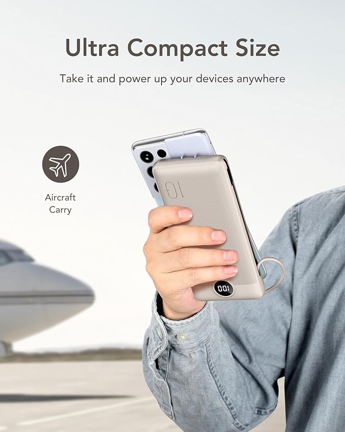 VEGER Portable Charger with Built-in AC Plug and Cables, All in One 10000mAh Ultra Slim Power Bank Travel Essentials, Fast Charging Battery Pack Compatible with iPhone, Samsung, Android (Coffee)