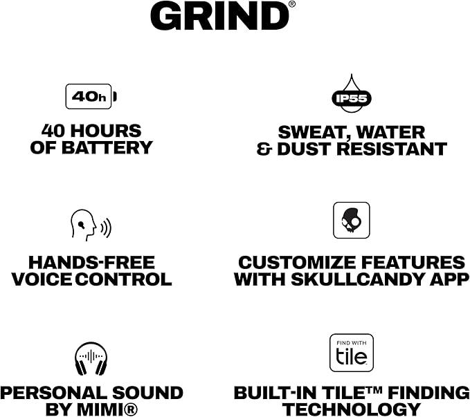 Skullcandy Grind Wireless Earbuds, Bluetooth Headphones, Up to 40 Hours Battery, Noise Isolating Fit, Microphone for iPhone Android, Customizable via Skull-iQ App - True Black