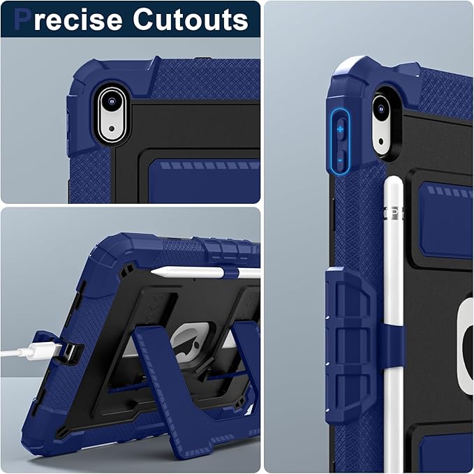 Kids Friendly Case for iPad A16 11th Generation 11 Inch 2025 / iPad 10th Generation 10.9" 2022 Case with Pencil Holder & Shoulder Strap, Hybrid iPad 11 10 Cover Rugged Shockproof Kickstand,Blue+Black