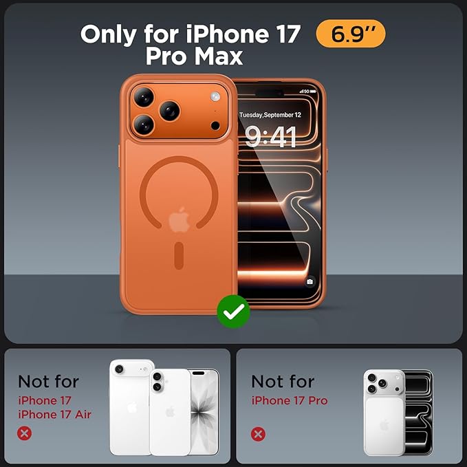 Miracase Magnetic for iPhone 17 Pro Max Case with Screen Protector [Compatible with MagSafe] Slim Thin Phone Case Military-Grade Protected for 17 ProMax Cover Bumper 6.9", Orange