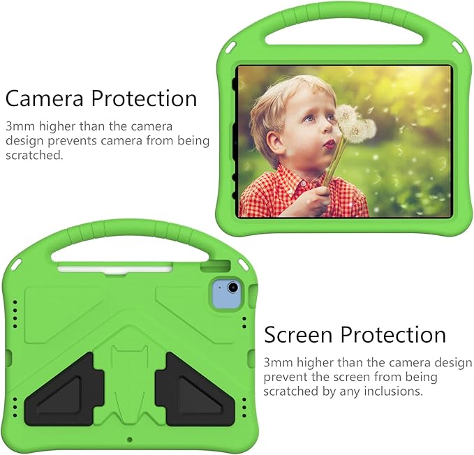 Kids Case for iPad A16 11th/10th Generation 2022/2025 11-Inch iPad Cover with Pencil Holder, Techcircle Lightweight Shockproof EVA Foam Rugged Handle Stand Anti-Slip Grip Protective Case, Green