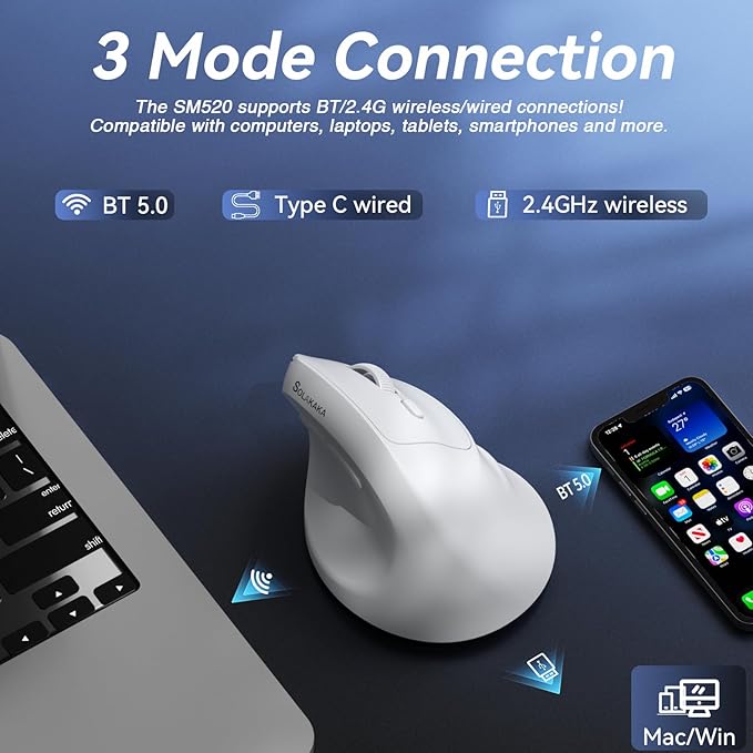 SOLAKAKA SM520 Ergonomic Mouse with 24000 DPI, Vertical Mouse with Programmable Side Button, Wireless Mouse with Tri-Mode Connection - BT5.0/USB-C/2.4GHz, for Desktop, PC, Laptop (White)