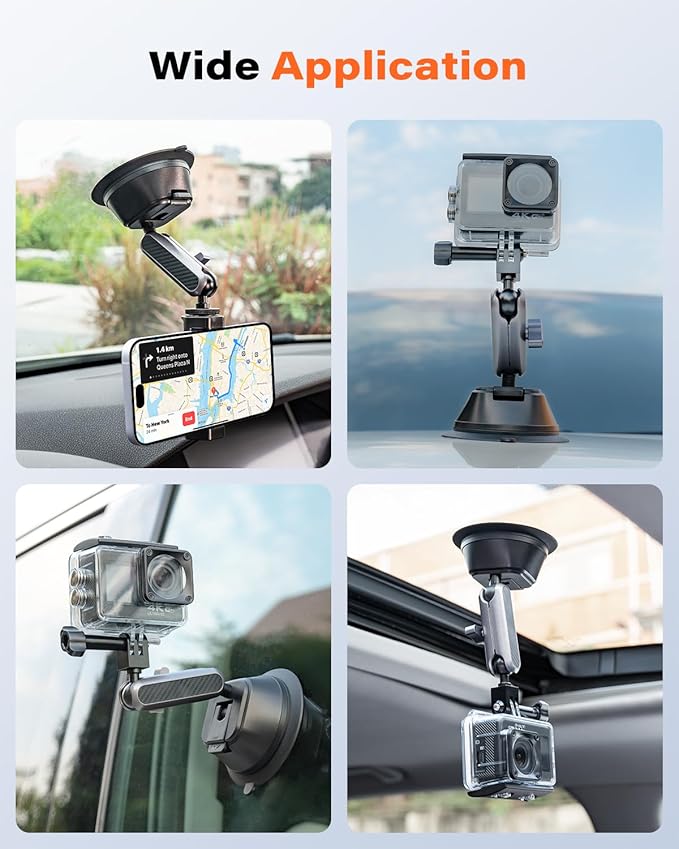 A2C Suction Cup Mount for Gopro iPhone, Anti-Shake Metal Arm Car Camera Mount with 1/4 Thread & Phone Holder, Car Boat Windshield Window VLOG/Video Holder for Gopro Hero Insta360 DJI Action Camera