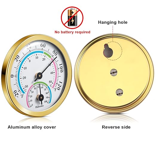 Weewooday 3 Pcs Indoor Outdoor Thermometer 2 in 1 Mini Home Temperature Humidity Hygrometer Monitor Gauge for Home Offices Wall(Gold,2.2 Inch)