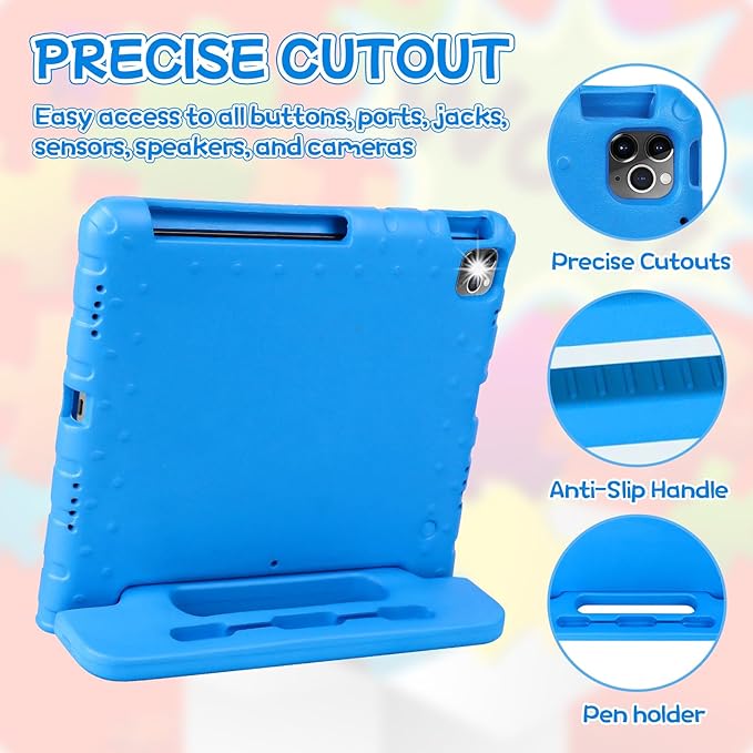 New Kids Case for iPad Pro 12.9 Case Super Protection iPad Pro 12.9 inch 6th 5th 4th 3th Cover with Pencil Holder and Handle Stand for iPad Pro 12.9 2022 2021 2020 2018 Blue