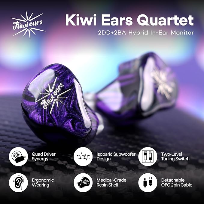 Linsoul Kiwi Ears Quartet 2DD+2BA Hybrid In-Ear Monitor, HiFi Earphones with Hand-crafted Resin Shell, Detachable OFC Silver-plated IEM Cable for Audiophile Musician DJ Studio Gaming (Purple, Quartet)