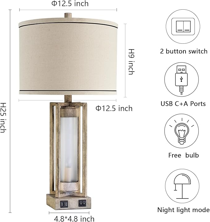 25" Set of 2 Farmhouse Table Lamps for Living Room with USB A+C Ports, Rustic Nightstand Lamp with White Night Light, Vintage Desk Lamp for Entryway Bedroom End Table, 4 Bulbs Included