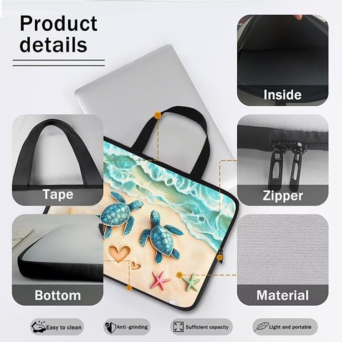 Sea Turtle Laptop Bag 17 Inch Computer Sleeve for Women Men Beach Starfish Padded Notebook Carrying Case with Handle Laptop Cover, Blue