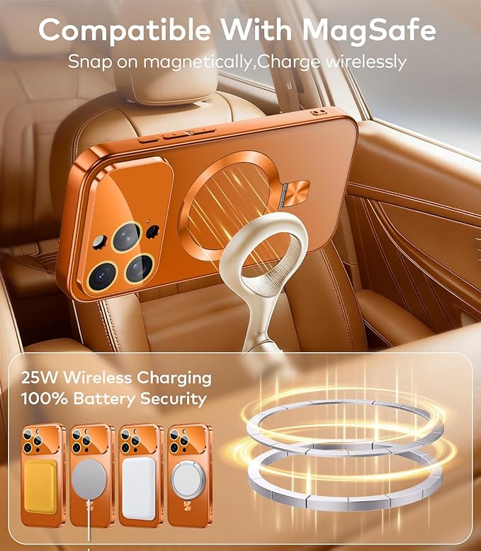 TOBOVON Magnetic for iPhone 16 Pro Max Case with Ring Stand, Fits MagSafe, with Built-in Camera Lens Protector, Slim Electroplated Shockproof Phone Cover, Orange