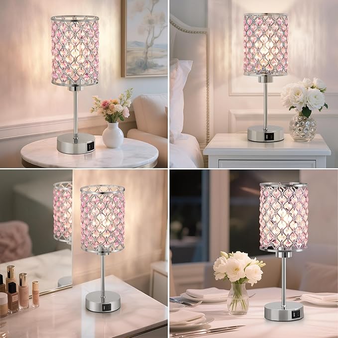 GyroVu Pink Crystal Table Lamp, Touch Control Bedside Lamps with USB-C+A Charging Ports, Dimmable Nightstand Small Desk Lamp Set of 2 for Girl Bedroom, Living Room, Office(Buld Included)