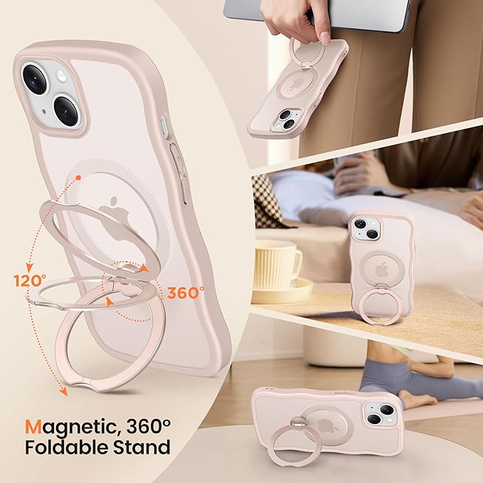 CAPRARO for iPhone 13 Case & iPhone 14 Case with 360° Spin Magnetic Stand for Women, [Compatible with MagSafe] [Camera Protection] Cute Wave Translucent Matte Case for iPhone 13/14, Rose Gold