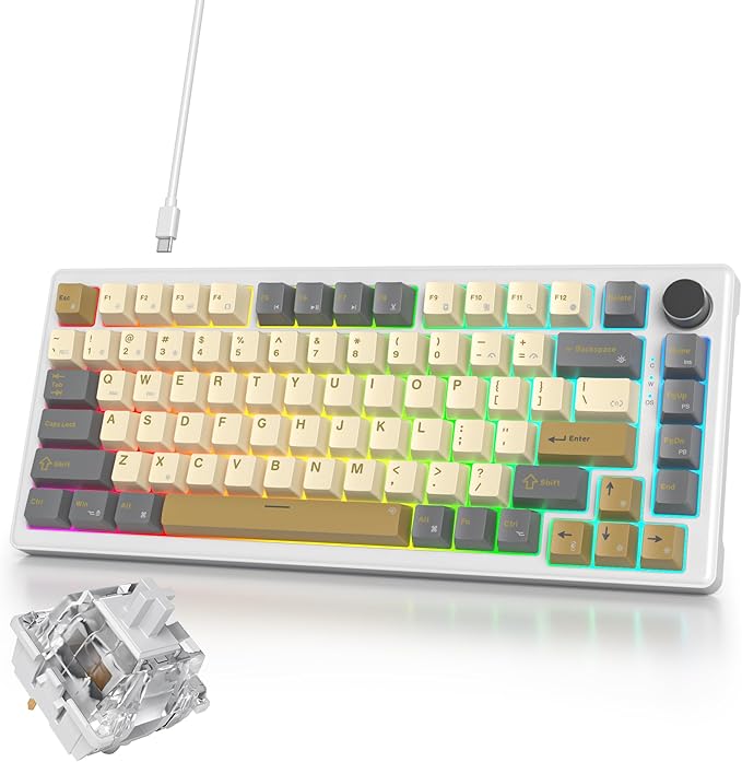 75% Brown Creamy Mechanical Keyboard Wired, Creamy Sound Gasket Gaming Thocky Keyboard with Knob, Hot Swappable RGB Custom Keyboard, Pre-lubed Cream Switch Keyboard (82 Caramel)