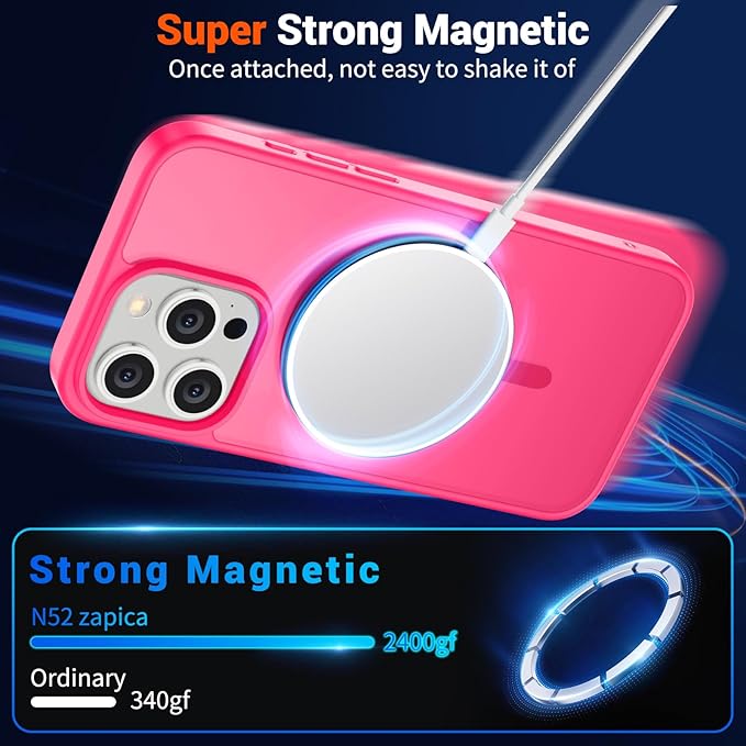 SUPFINE Magnetic for iPhone 15 Pro Case (Compatible with MagSafe) (Military Grade Drop Protection) Slim Translucent Matte Shockproof Phone Cover,Hot Pink