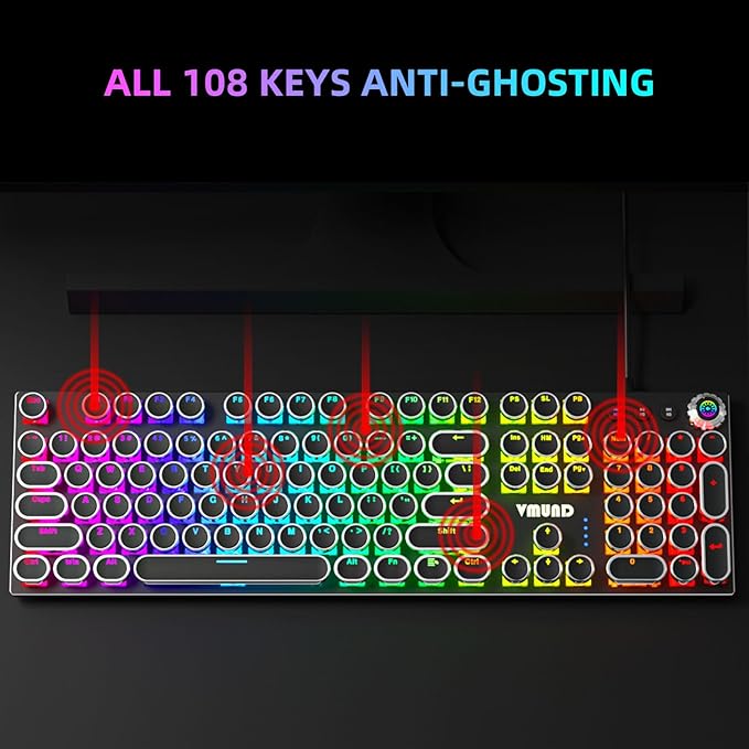 K968 Retro Typewriter Mechanical Gaming Keyboard - RGB Backlit Wired with Blue Switches, Media Control Knob for PC
