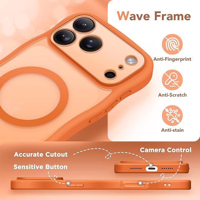 CAPRARO Magnetic for iPhone 17 Pro Max Case for Women Girls, Upgraded [Full Camera Protection] [Compatible with MagSafe] Cute Wave Translucent Matte Phone Case for iPhone 17 Pro Max, Clear Orange