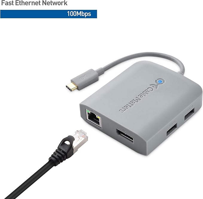 Cable Matters USB C Hub DisplayPort, 4K@60Hz (USBC DisplayPort Hub), 100Mbps Ethernet, 2X USB, 60W Host Charging in Gray - Thunderbolt 4 / Thunderbolt 3 Port Compatible for MacBook Pro