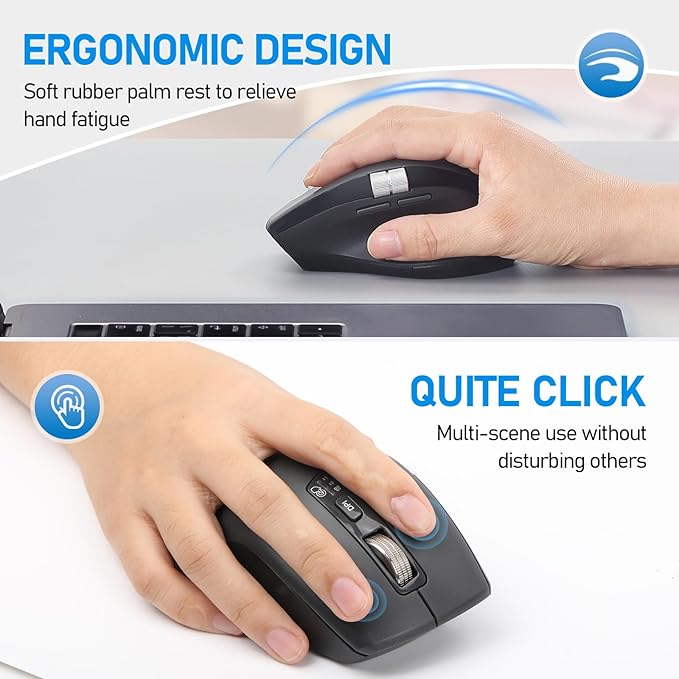 INFINMIND Wireless Side Scroll Mouse with Multi-Device, Ergonomic Computer Mice with Smart Flying Scroll, Quiet Click, 4-Level DPI for Computer, Laptop, iPad, Tablet, MacBook (Grey)